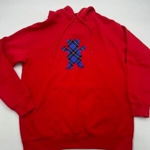 Grizzly Griptape Mens Red Plaid Bear Logo Pullover Hoodie Sweatshirt Size M